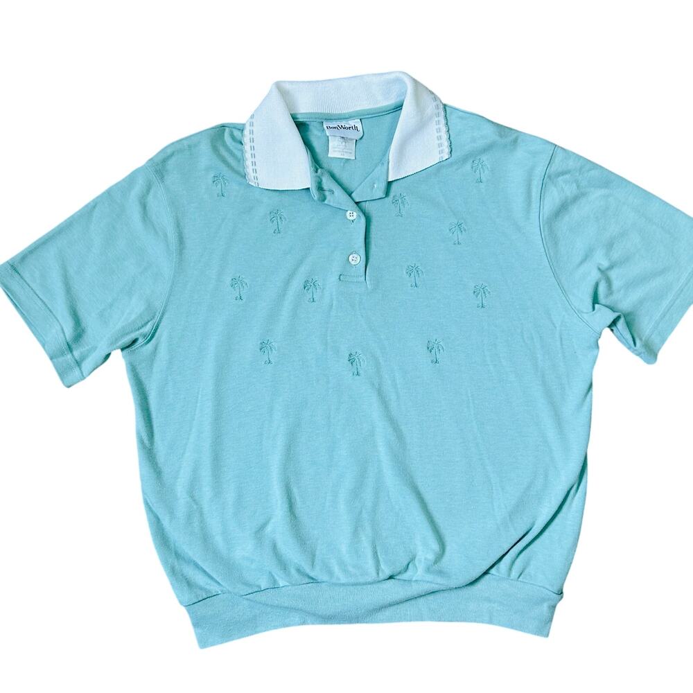 Vintage Coastal Polo Knit Shirt Collared Mint Green Palmtrees Preppy Blouse XS